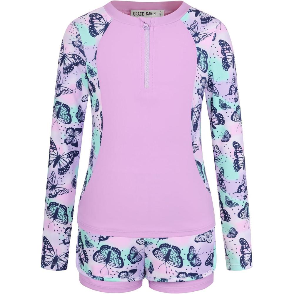 imageGRACE KARIN Girls Rash Guard Swimsuits 2 Piece Long Sleeve Bathing Suit UPF 50 Summer Swimwear Size 612YPurple Butterfly