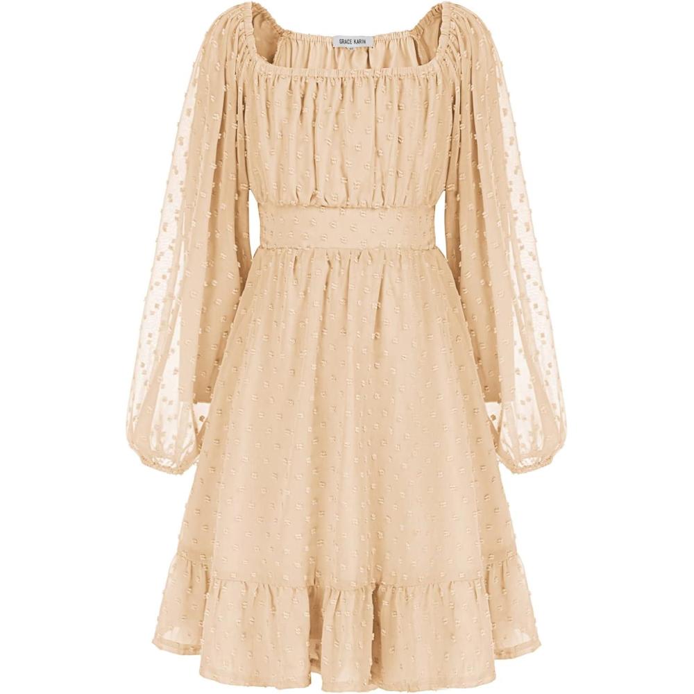 imageGRACE KARIN Girls Ruffle Tiered Dress Long Sleeve Swiss Dot Flowy ALine Dress 614YApricot