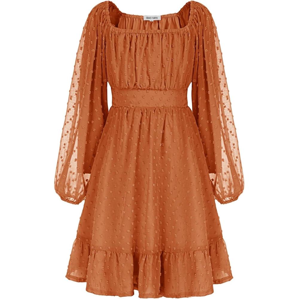 imageGRACE KARIN Girls Ruffle Tiered Dress Long Sleeve Swiss Dot Flowy ALine Dress 614YBurnt Orange