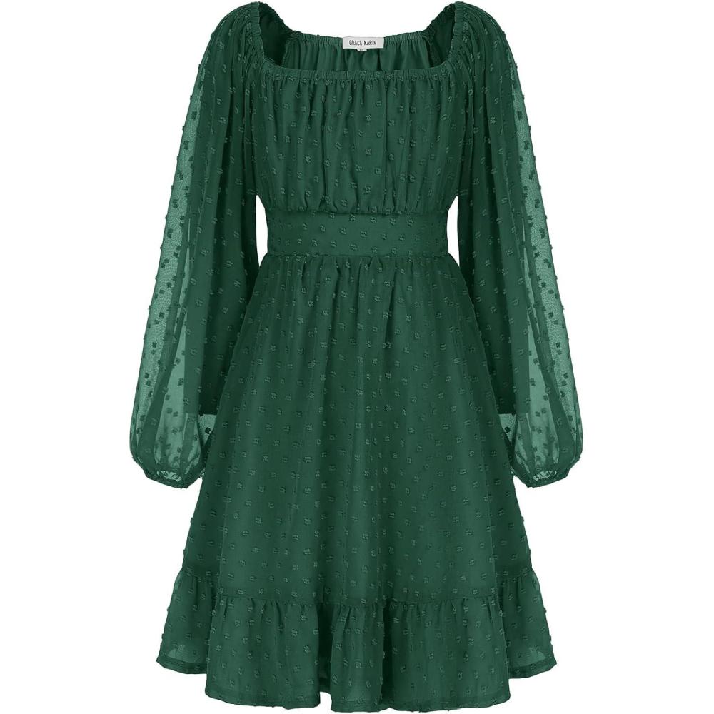 imageGRACE KARIN Girls Ruffle Tiered Dress Long Sleeve Swiss Dot Flowy ALine Dress 614YDark Green