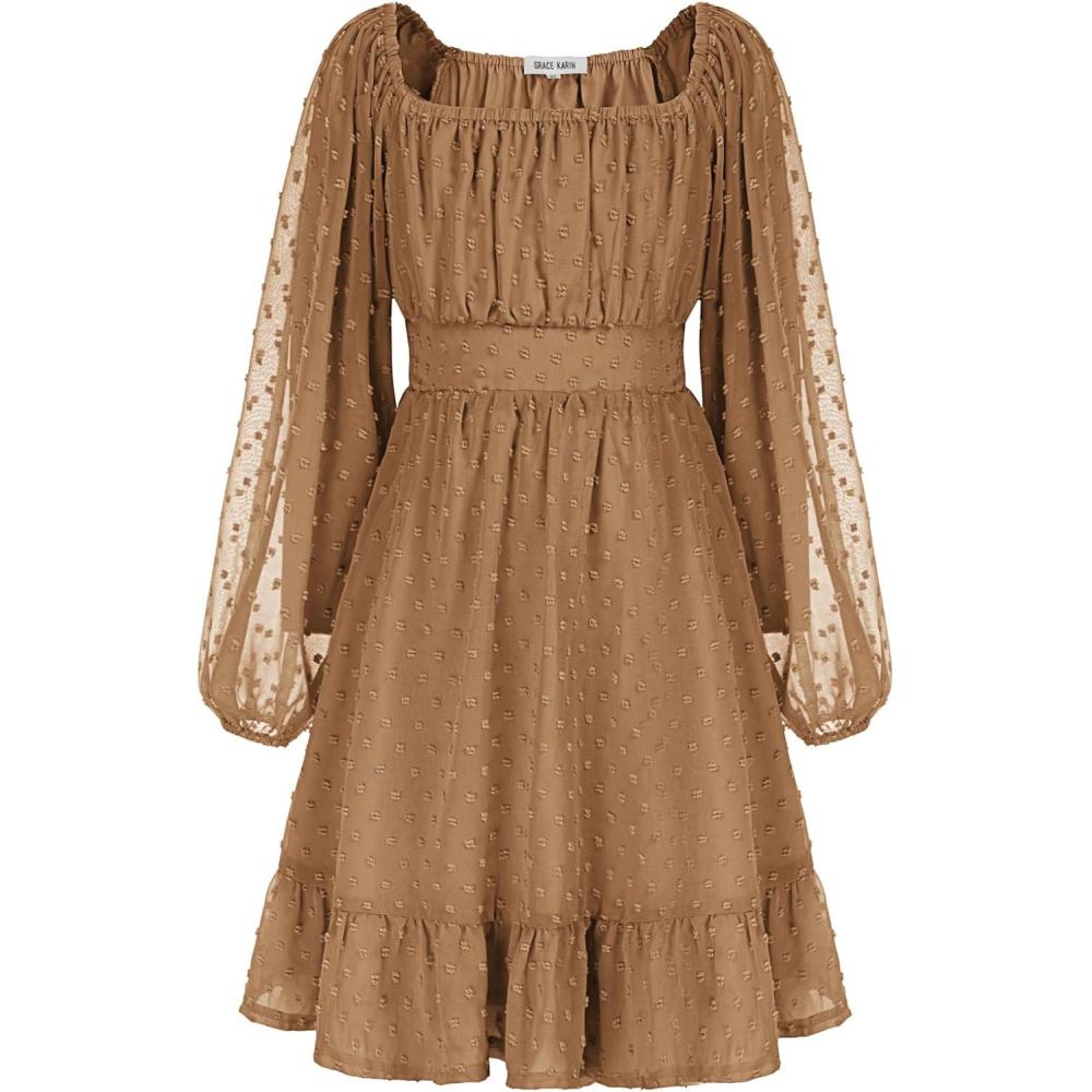 imageGRACE KARIN Girls Ruffle Tiered Dress Long Sleeve Swiss Dot Flowy ALine Dress 614YKhaki