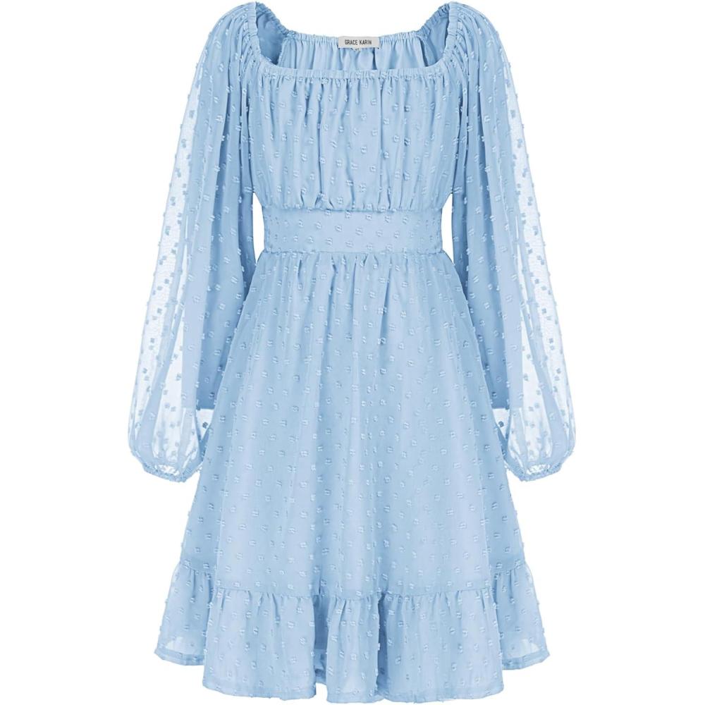 imageGRACE KARIN Girls Ruffle Tiered Dress Long Sleeve Swiss Dot Flowy ALine Dress 614YLight Blue
