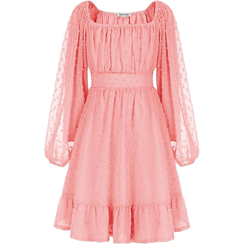 imageGRACE KARIN Girls Ruffle Tiered Dress Long Sleeve Swiss Dot Flowy ALine Dress 614YLight Pink