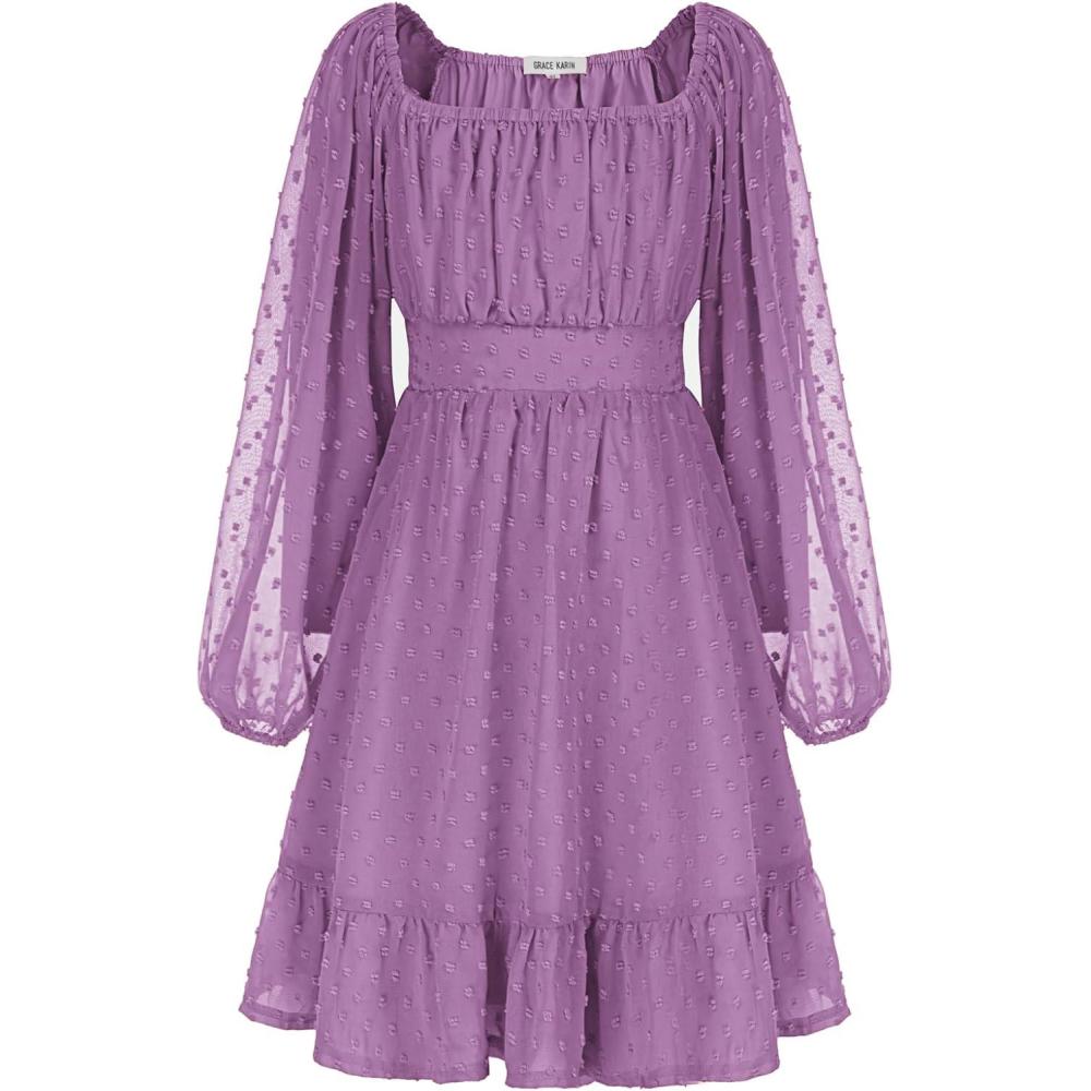imageGRACE KARIN Girls Ruffle Tiered Dress Long Sleeve Swiss Dot Flowy ALine Dress 614YPlum