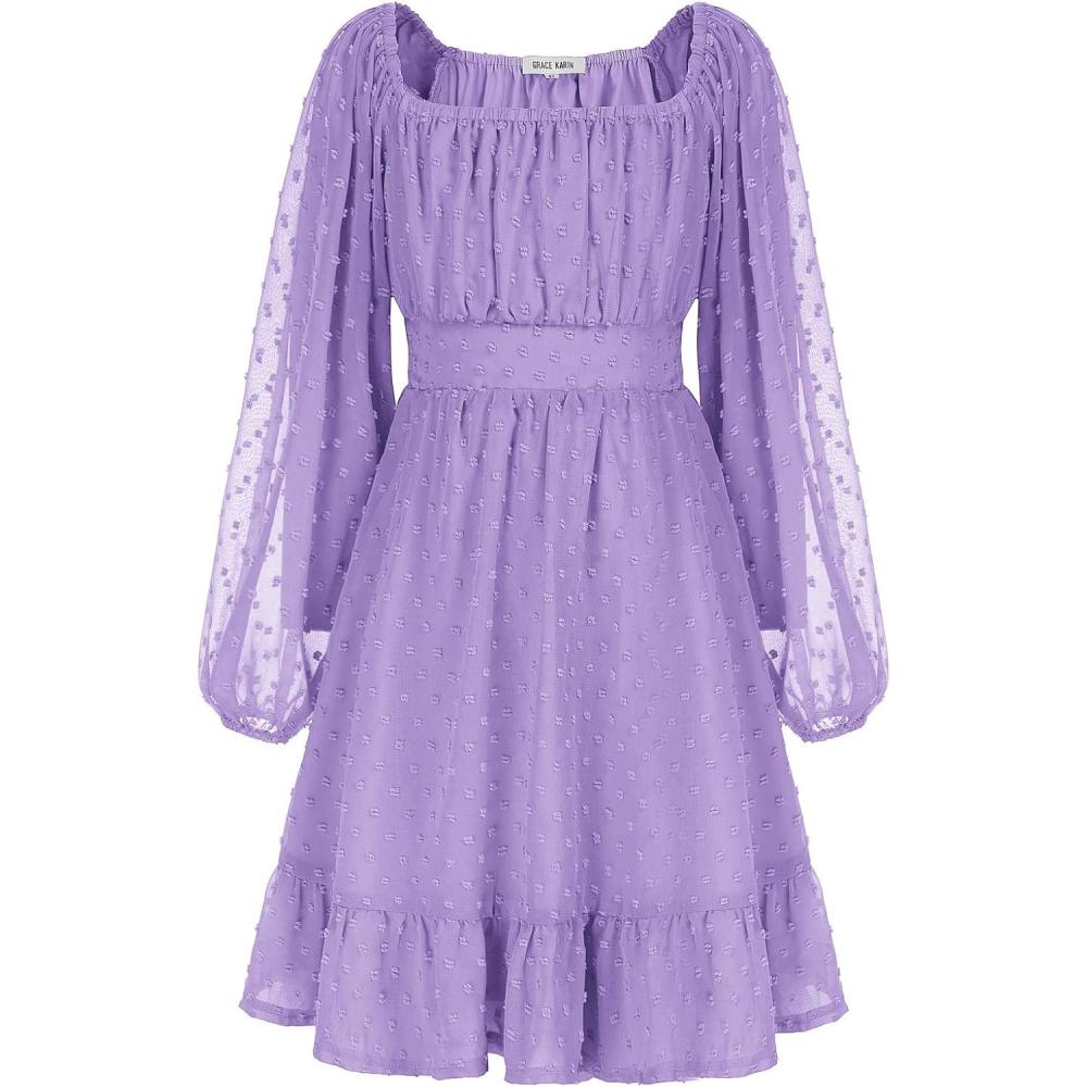 imageGRACE KARIN Girls Ruffle Tiered Dress Long Sleeve Swiss Dot Flowy ALine Dress 614YPurple