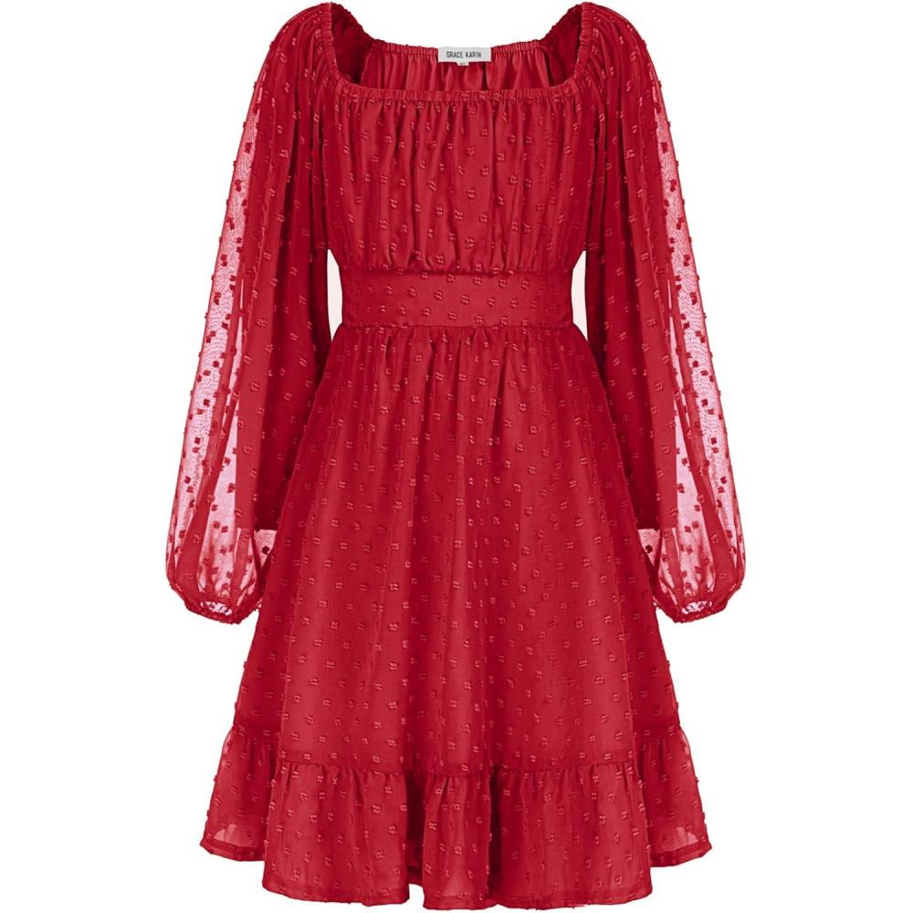 imageGRACE KARIN Girls Ruffle Tiered Dress Long Sleeve Swiss Dot Flowy ALine Dress 614YRed