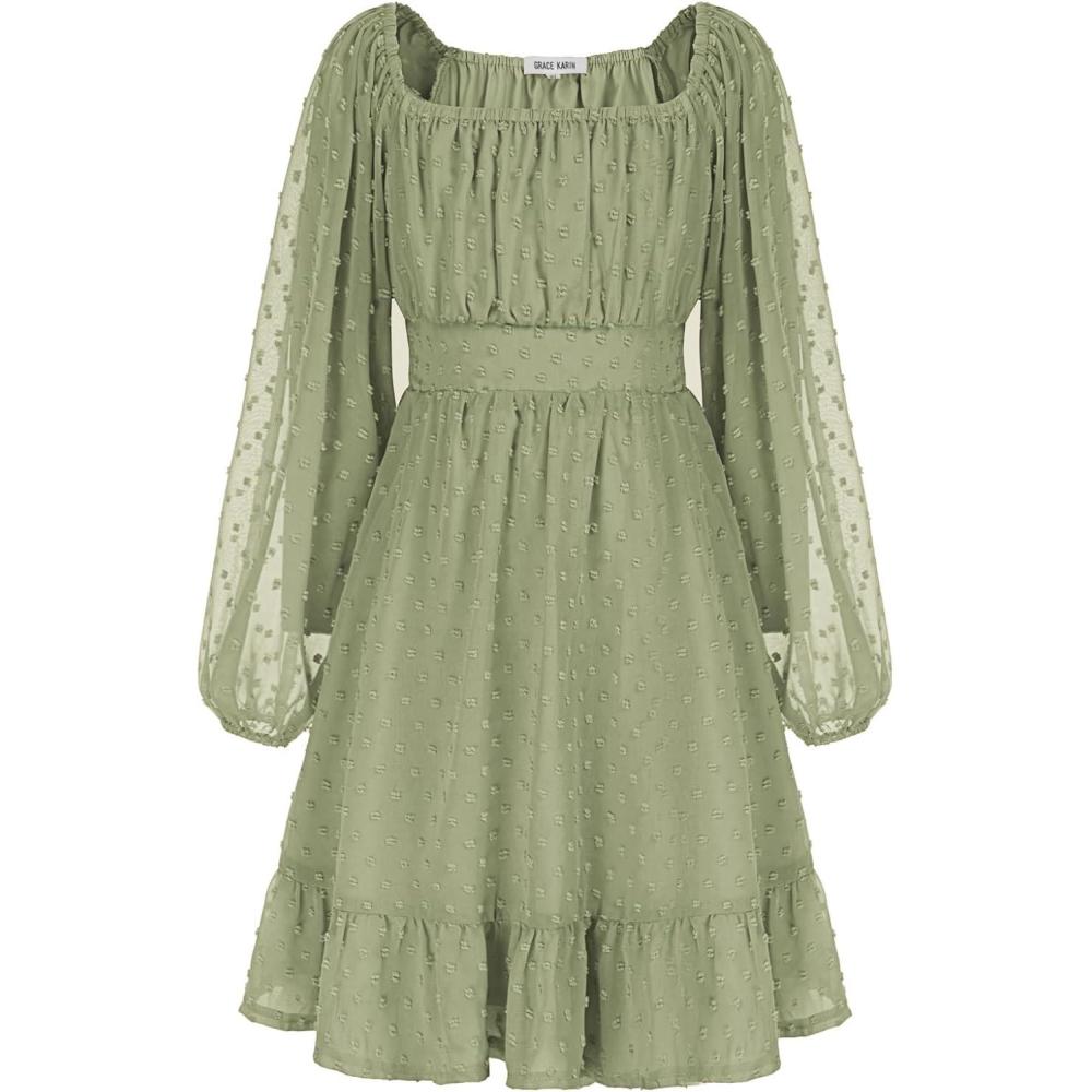 imageGRACE KARIN Girls Ruffle Tiered Dress Long Sleeve Swiss Dot Flowy ALine Dress 614YSage Green