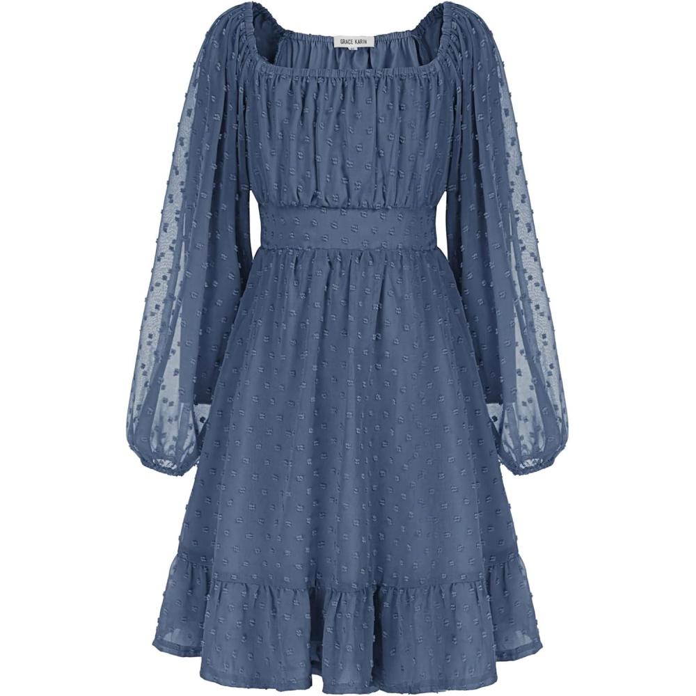 imageGRACE KARIN Girls Ruffle Tiered Dress Long Sleeve Swiss Dot Flowy ALine Dress 614YSteel Blue