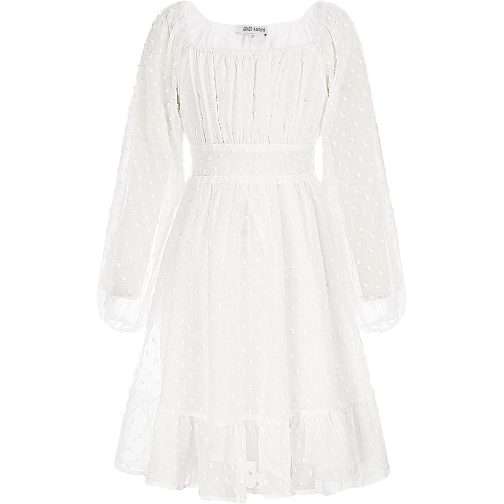 imageGRACE KARIN Girls Ruffle Tiered Dress Long Sleeve Swiss Dot Flowy ALine Dress 614YWhite