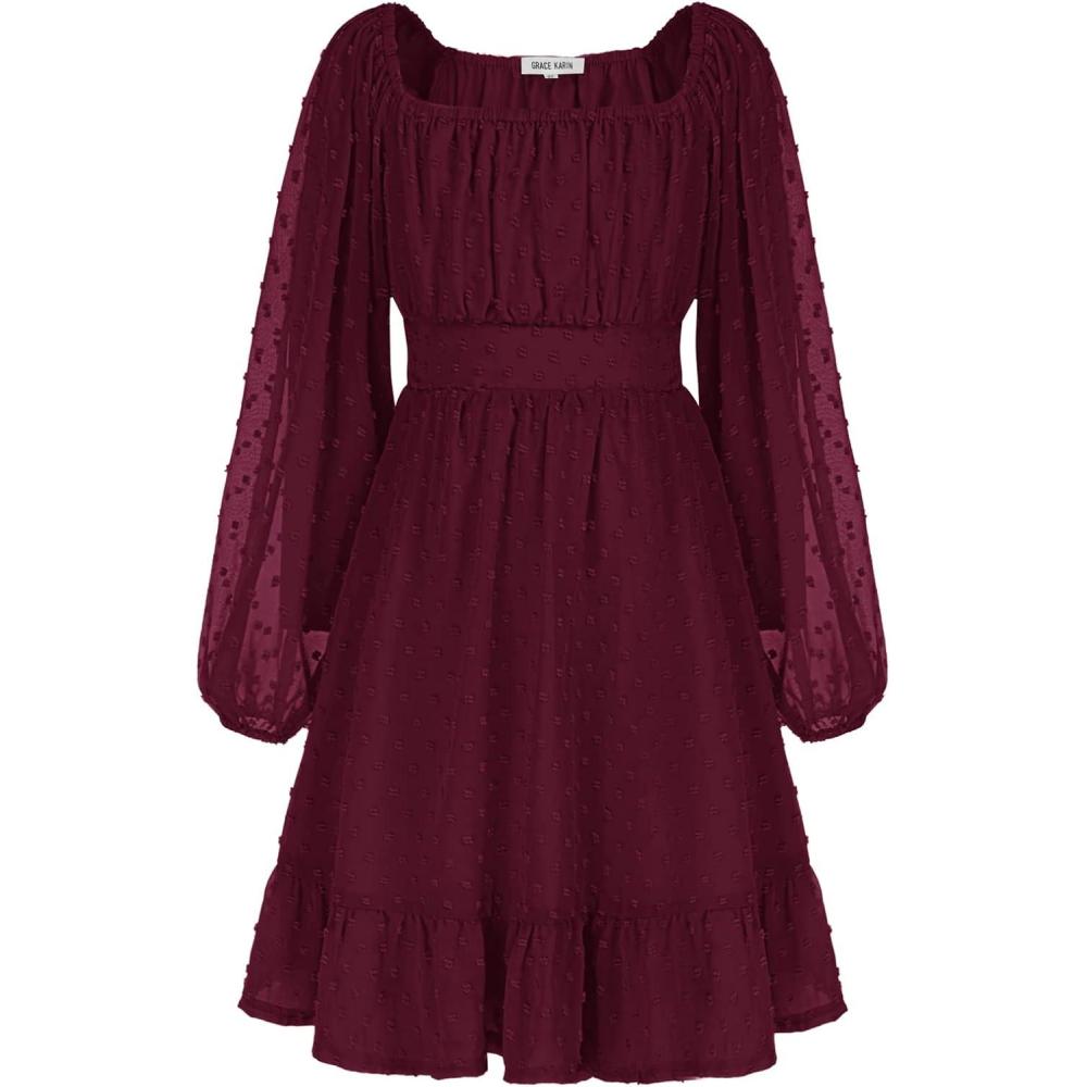 imageGRACE KARIN Girls Ruffle Tiered Dress Long Sleeve Swiss Dot Flowy ALine Dress 614YWine