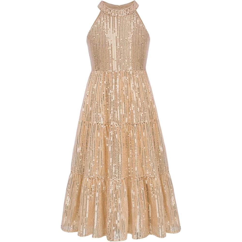 imageGRACE KARIN Girls Sequin Dress Formal Party Elegant Fancy Girls Maxi Long Dress for 514YGold