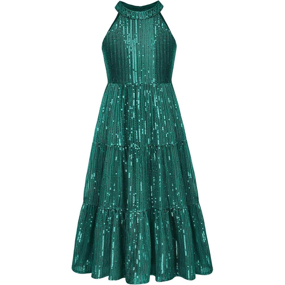imageGRACE KARIN Girls Sequin Dress Formal Party Elegant Fancy Girls Maxi Long Dress for 514YGreen