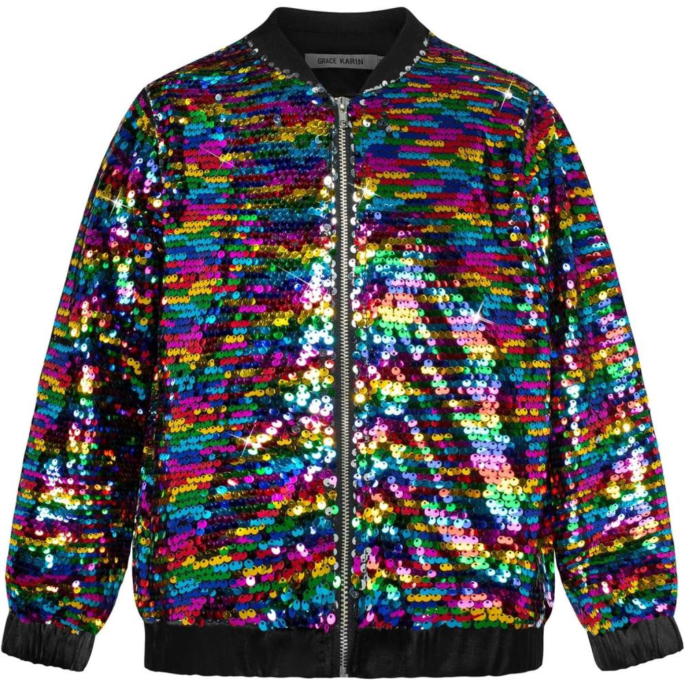 imageGRACE KARIN Girls Sequin Jacket Kids Bomber Zip Outwear Sparkle Fall Top Cardigan Dress Coat Size 514Black