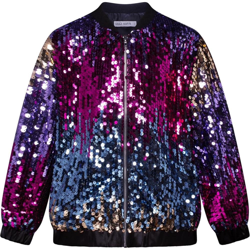 imageGRACE KARIN Girls Sequin Jacket Kids Bomber Zip Outwear Sparkle Fall Top Cardigan Dress Coat Size 514Blue Yellowpurple