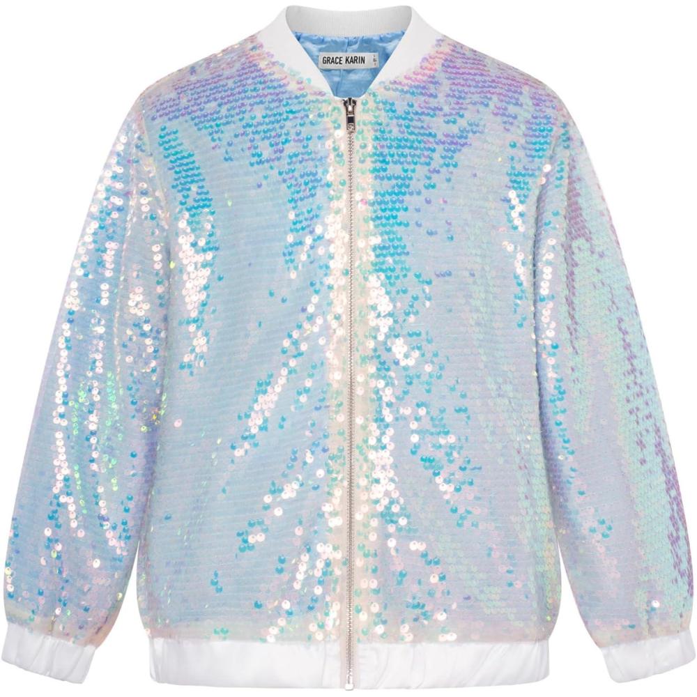 imageGRACE KARIN Girls Sequin Jacket Kids Bomber Zip Outwear Sparkle Fall Top Cardigan Dress Coat Size 514Illusion Blue