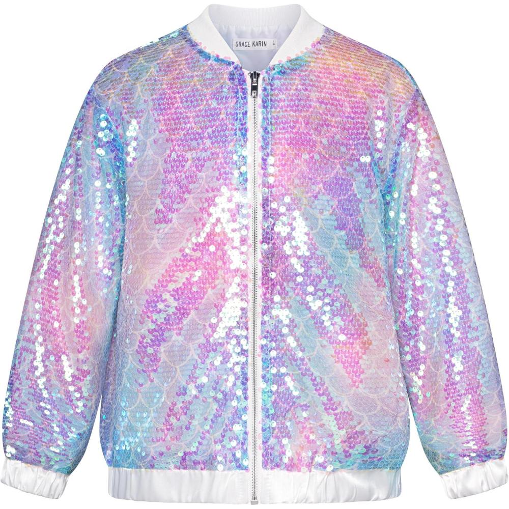 imageGRACE KARIN Girls Sequin Jacket Kids Bomber Zip Outwear Sparkle Fall Top Cardigan Dress Coat Size 514Mermaid