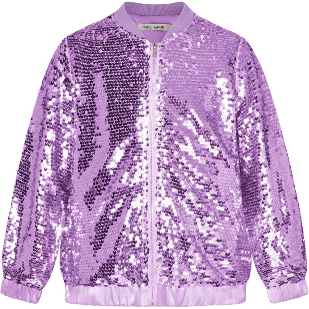 imageGRACE KARIN Girls Sequin Jacket Kids Bomber Zip Outwear Sparkle Fall Top Cardigan Dress Coat Size 514Purple