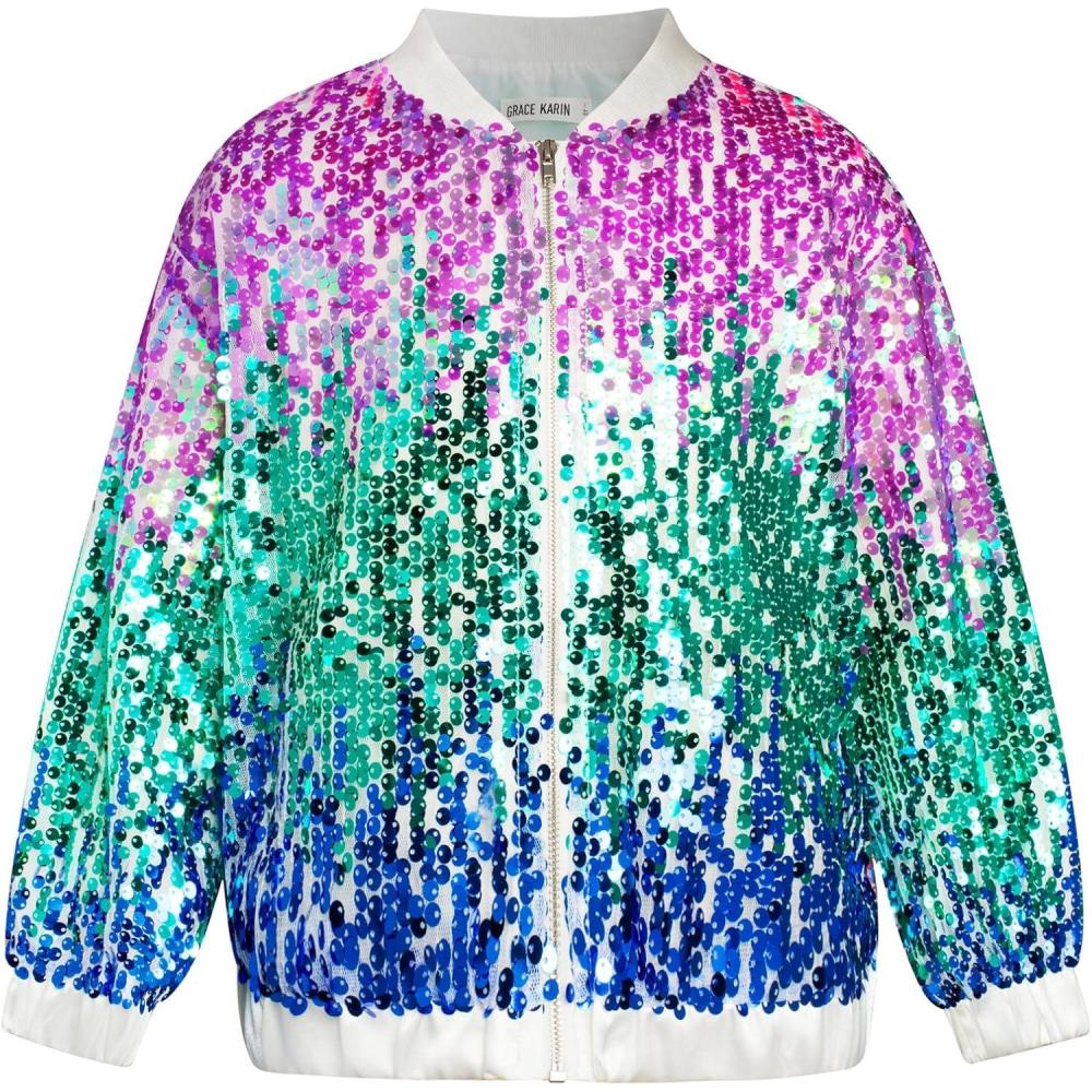 imageGRACE KARIN Girls Sequin Jacket Kids Bomber Zip Outwear Sparkle Fall Top Cardigan Dress Coat Size 514Purplebluered