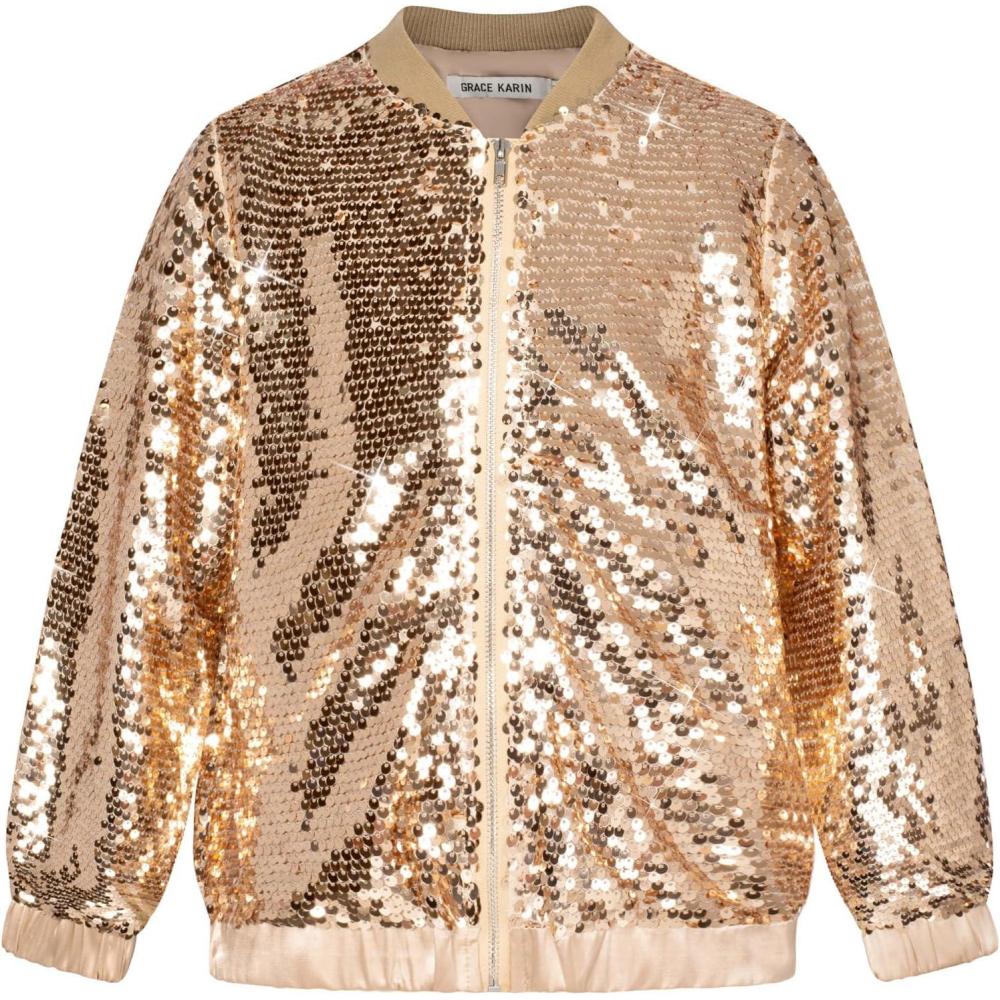 imageGRACE KARIN Girls Sequin Jacket Kids Bomber Zip Outwear Sparkle Fall Top Cardigan Dress Coat Size 514Rose Gold