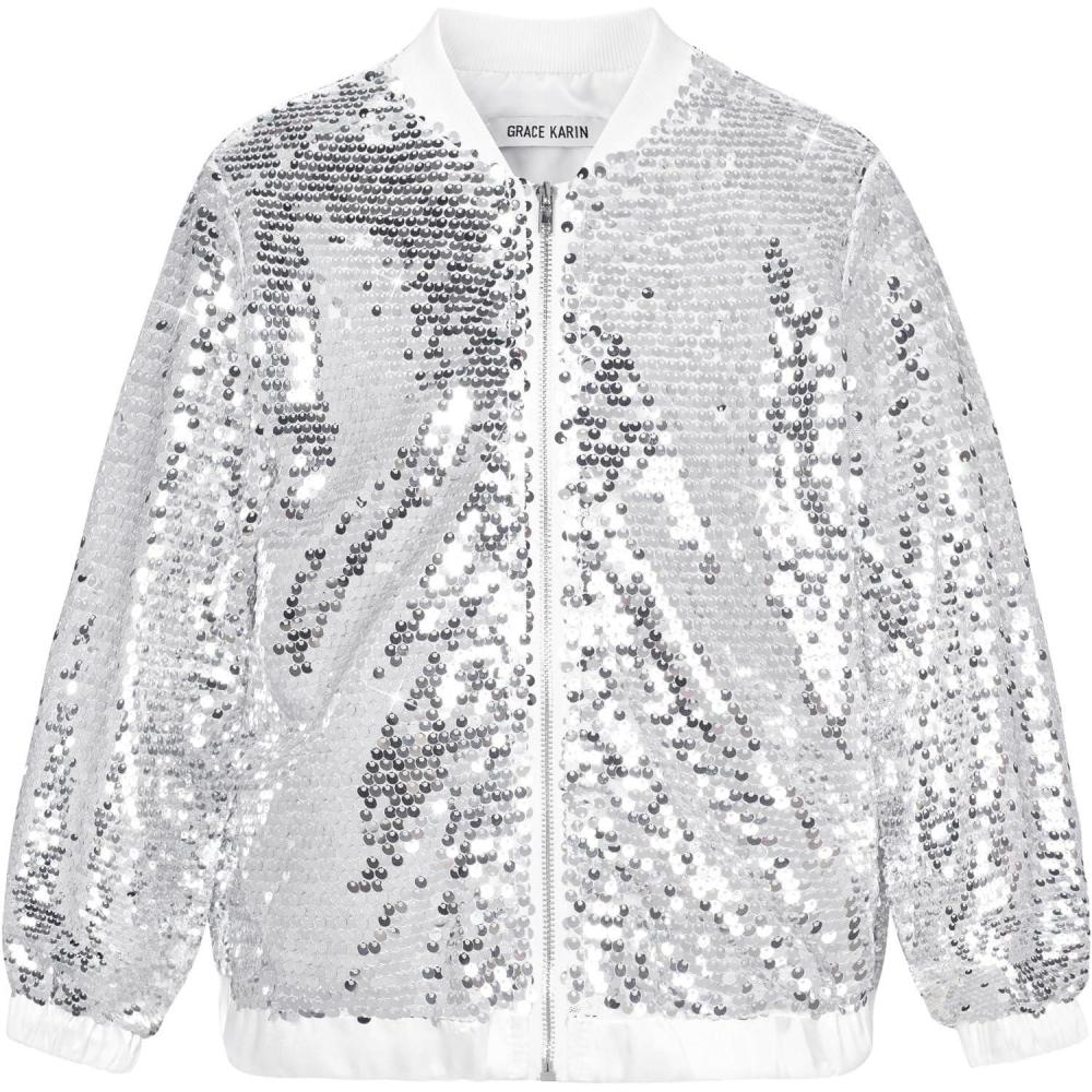 imageGRACE KARIN Girls Sequin Jacket Kids Bomber Zip Outwear Sparkle Fall Top Cardigan Dress Coat Size 514Silver