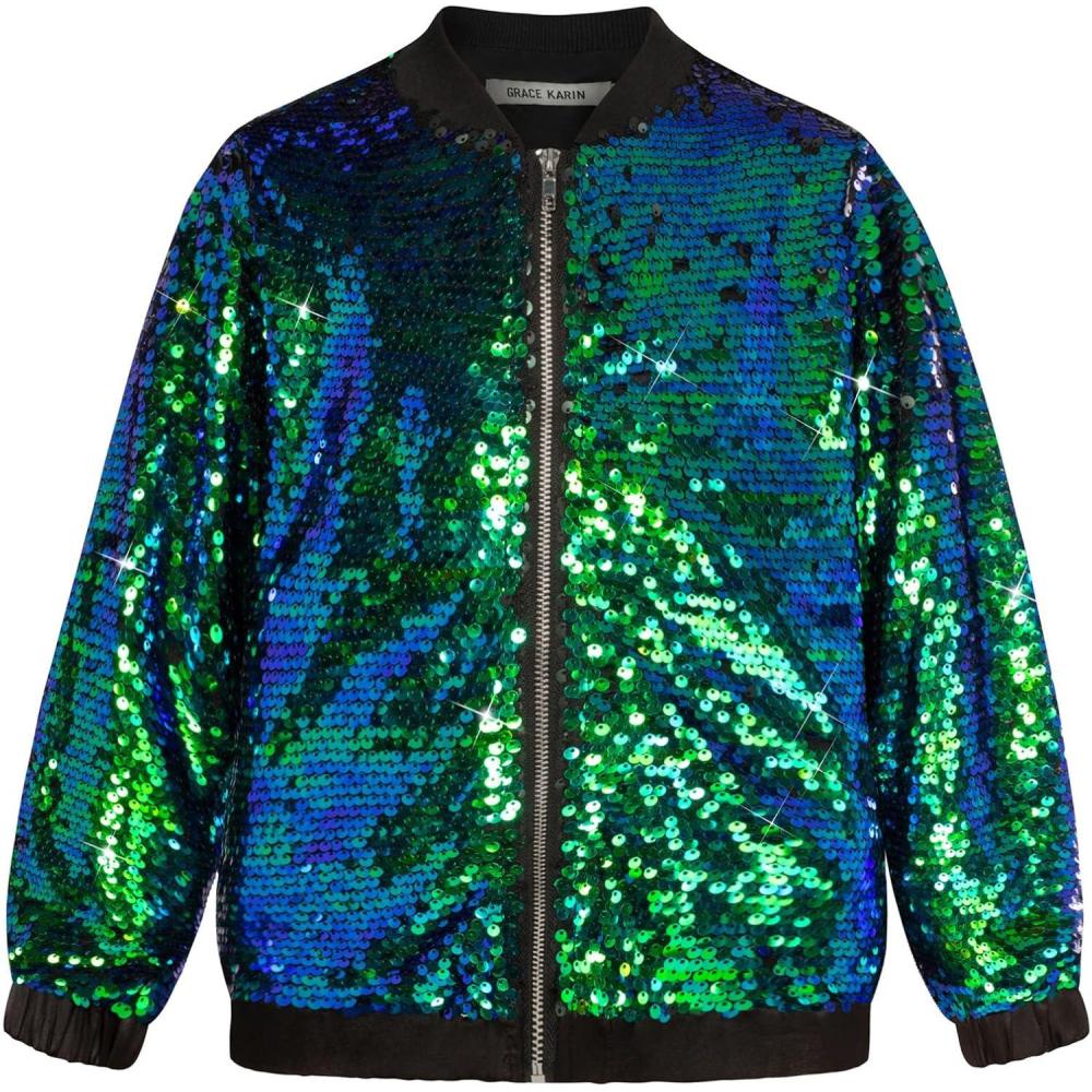imageGRACE KARIN Girls Sequin Jacket Kids Bomber Zip Outwear Sparkle Fall Top Cardigan Dress Coat Size 514Sparkle Green