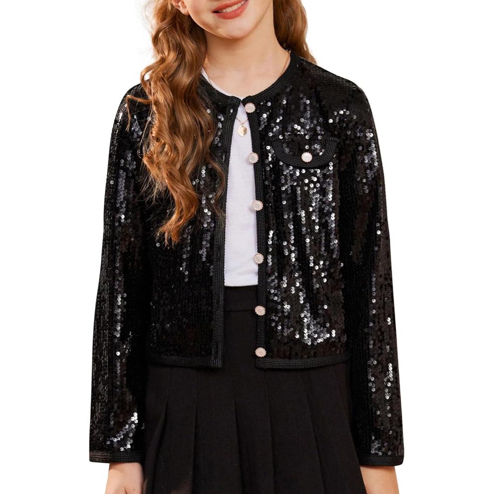 imageGRACE KARIN Girls Sequin Jackets Sparkle Dress Coats Button Cropped Cardigan for Kids 514Sliver