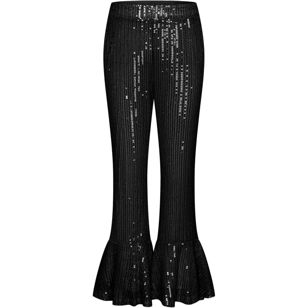 imageGRACE KARIN Girls Sequin Pants Sparke Trouser Glitter Dance Bell Bottoms 514Black