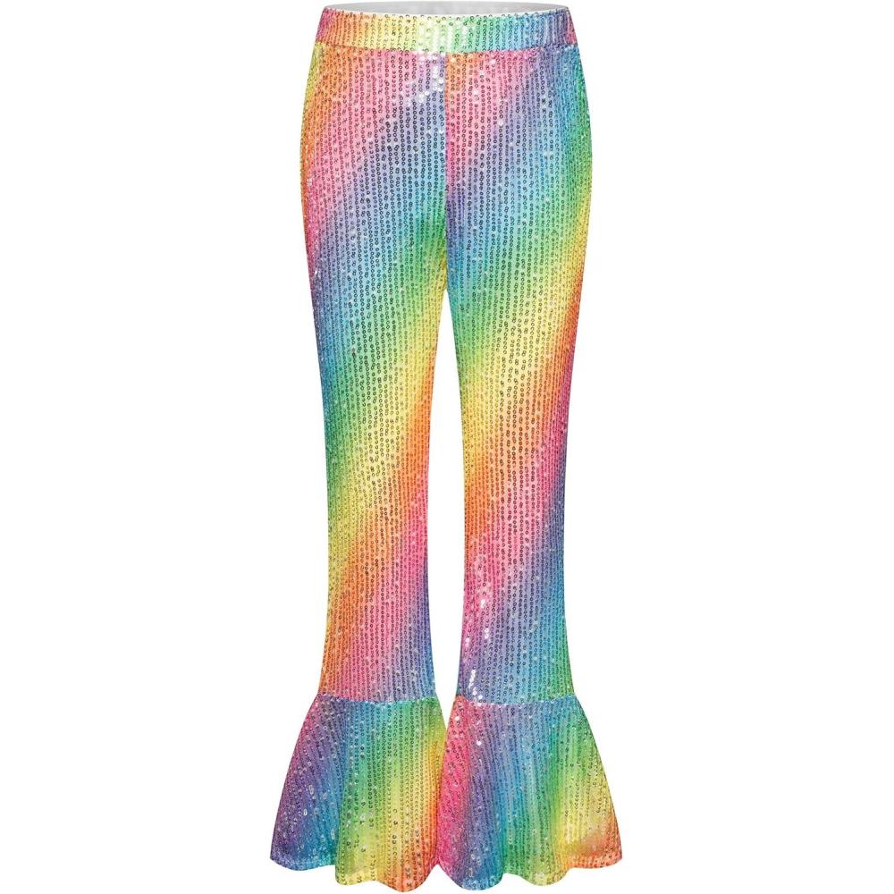 imageGRACE KARIN Girls Sequin Pants Sparke Trouser Glitter Dance Bell Bottoms 514Dark Rainbow