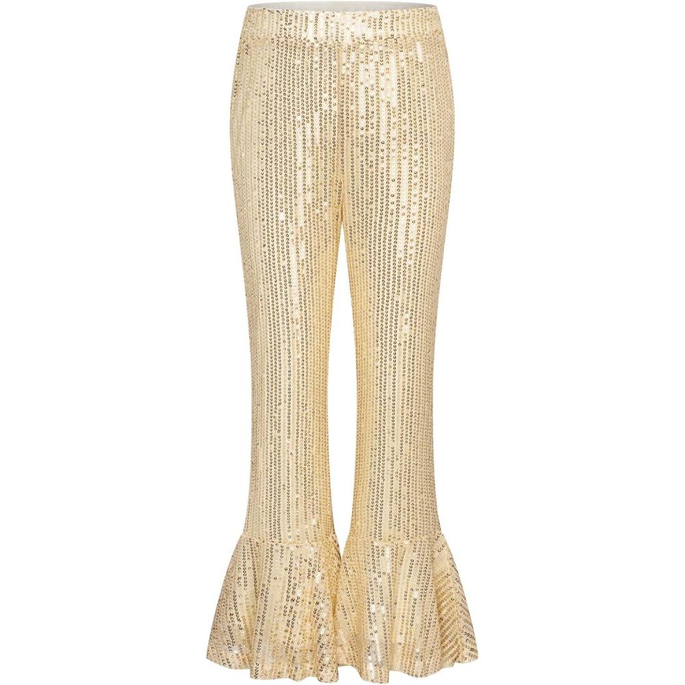 imageGRACE KARIN Girls Sequin Pants Sparke Trouser Glitter Dance Bell Bottoms 514Gold