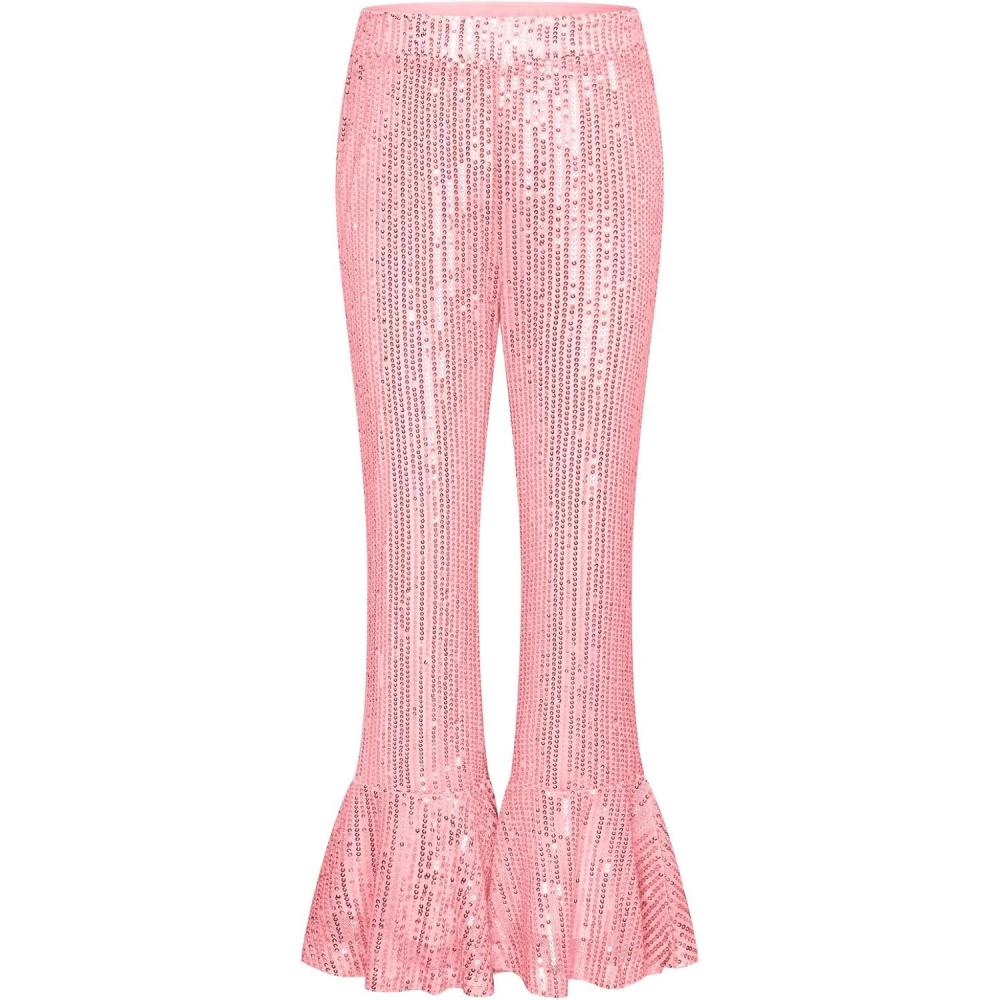 imageGRACE KARIN Girls Sequin Pants Sparke Trouser Glitter Dance Bell Bottoms 514Pink
