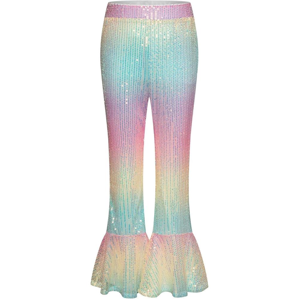 imageGRACE KARIN Girls Sequin Pants Sparke Trouser Glitter Dance Bell Bottoms 514Rainbow
