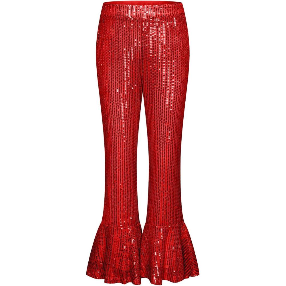 imageGRACE KARIN Girls Sequin Pants Sparke Trouser Glitter Dance Bell Bottoms 514Red