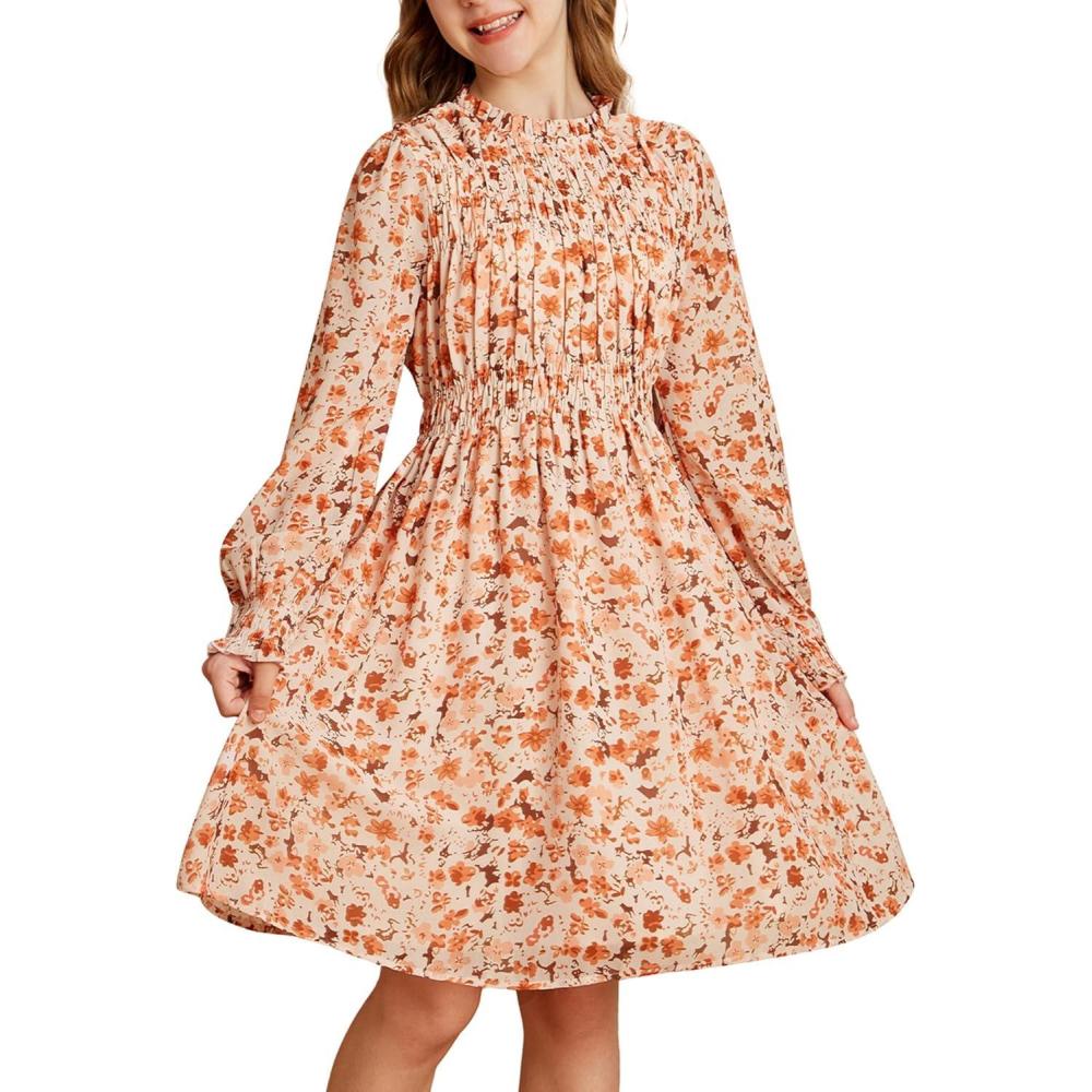 imageGRACE KARIN Girls Spring Long Sleeve Dresses Kids Floral Winter Formal Dress Girl Casual Fancy Midi Clothes Size 614Beige Flower