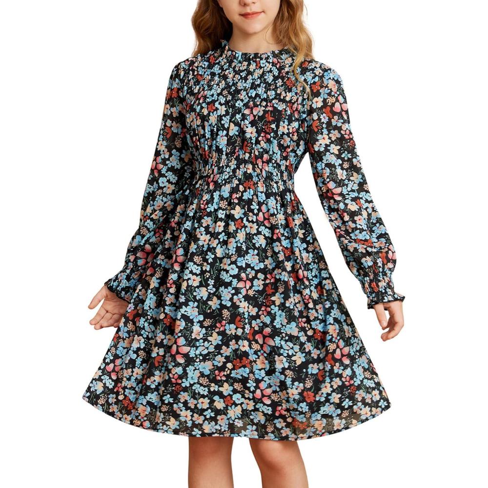imageGRACE KARIN Girls Spring Long Sleeve Dresses Kids Floral Winter Formal Dress Girl Casual Fancy Midi Clothes Size 614Black Flower