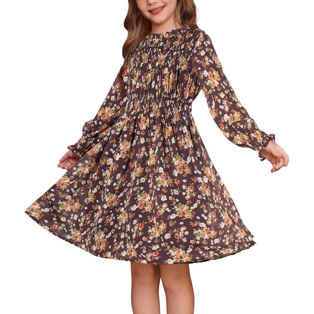 imageGRACE KARIN Girls Spring Long Sleeve Dresses Kids Floral Winter Formal Dress Girl Casual Fancy Midi Clothes Size 614Brown Floral