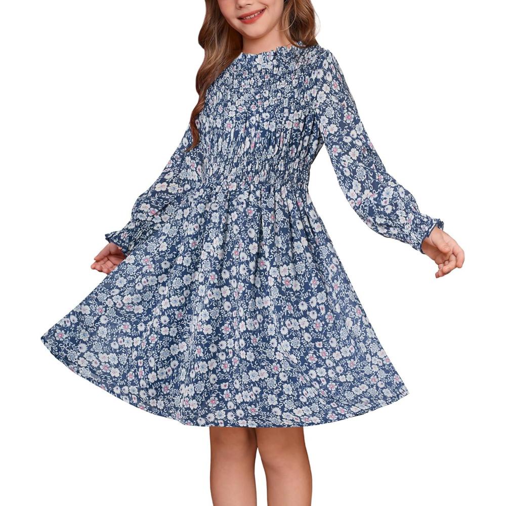 imageGRACE KARIN Girls Spring Long Sleeve Dresses Kids Floral Winter Formal Dress Girl Casual Fancy Midi Clothes Size 614Dusty Blue Floral