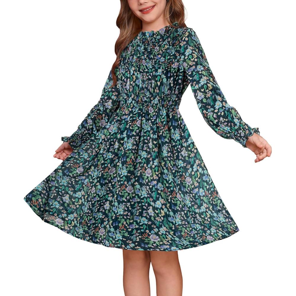imageGRACE KARIN Girls Spring Long Sleeve Dresses Kids Floral Winter Formal Dress Girl Casual Fancy Midi Clothes Size 614Green Floral