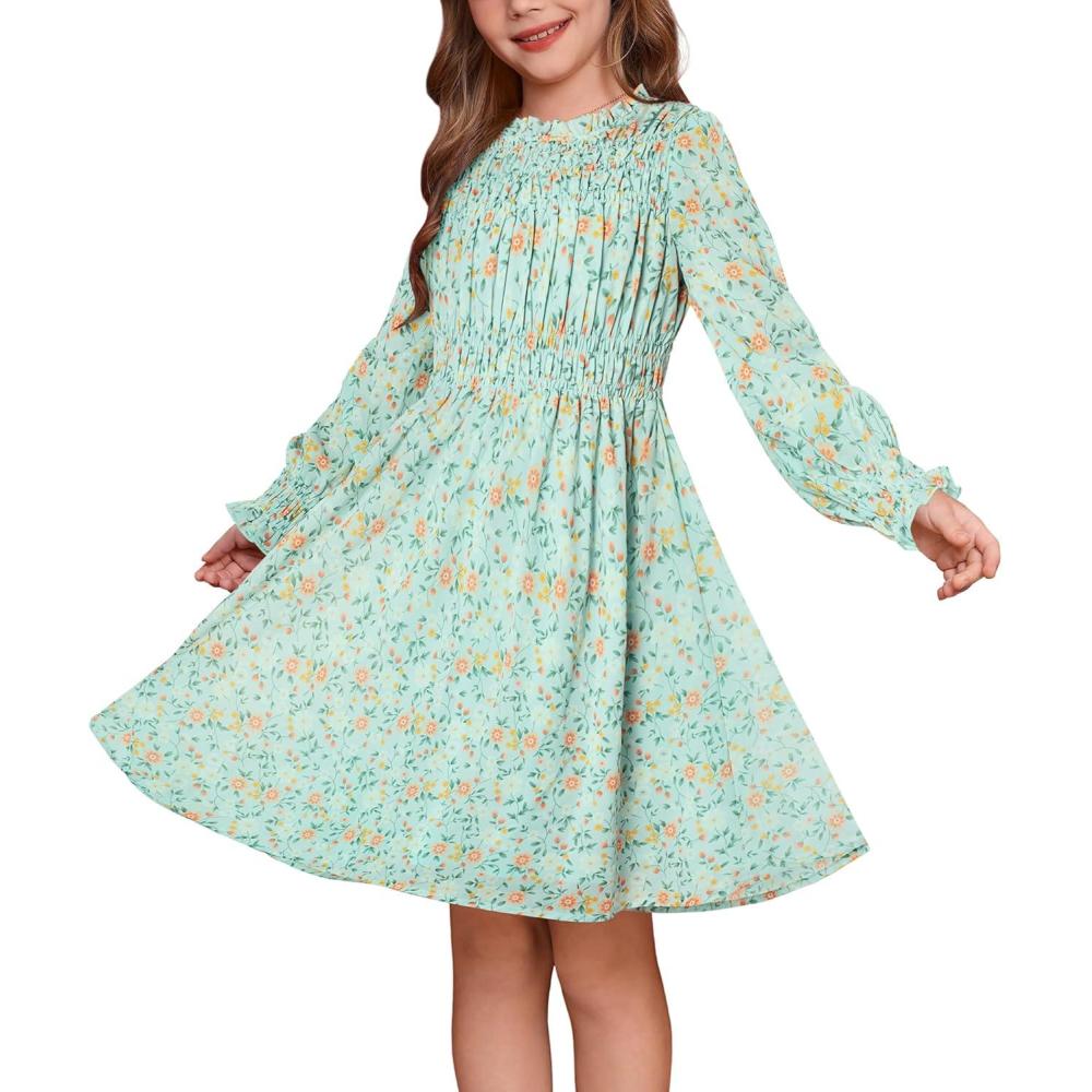 imageGRACE KARIN Girls Spring Long Sleeve Dresses Kids Floral Winter Formal Dress Girl Casual Fancy Midi Clothes Size 614Light Green Floral