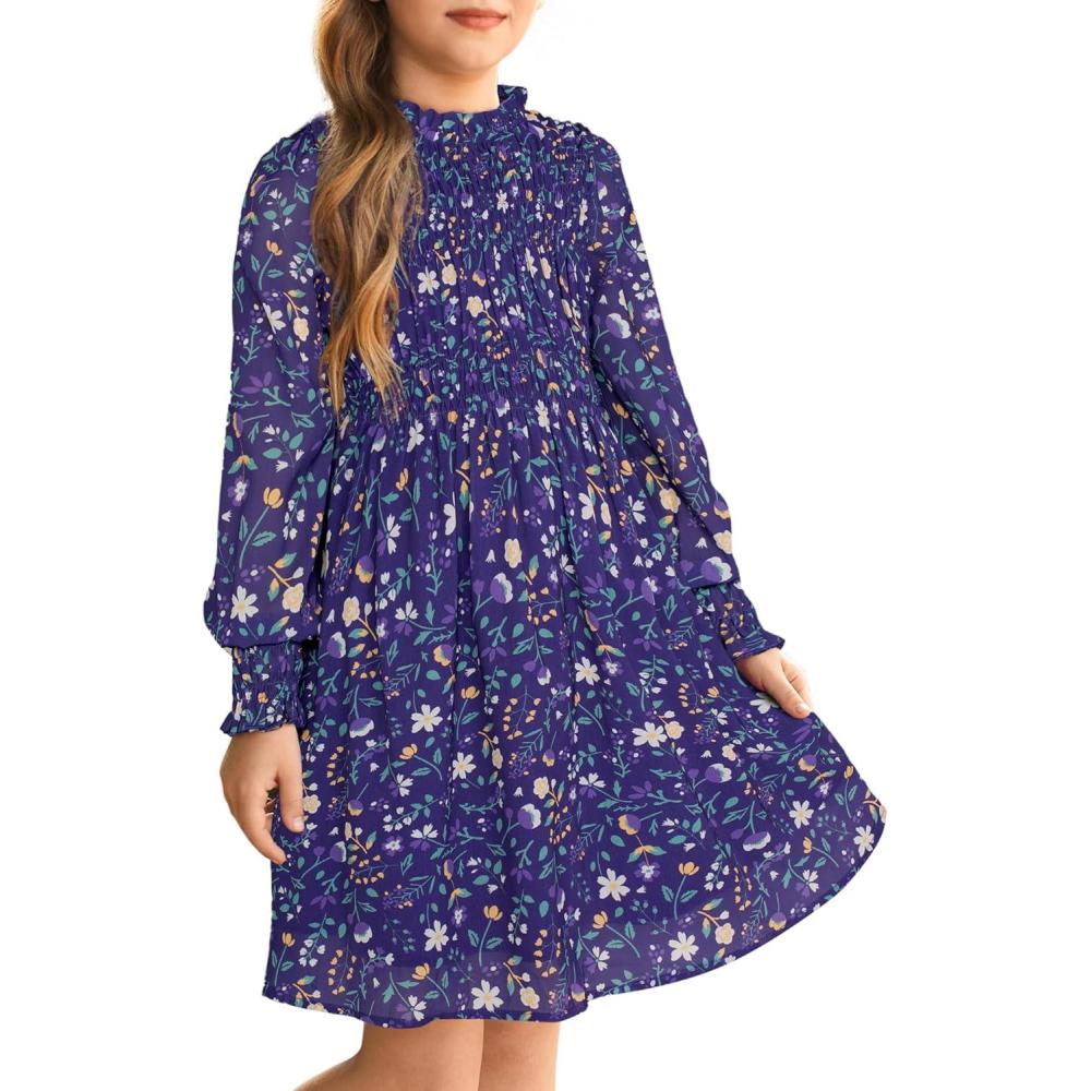 imageGRACE KARIN Girls Spring Long Sleeve Dresses Kids Floral Winter Formal Dress Girl Casual Fancy Midi Clothes Size 614Purple Flower
