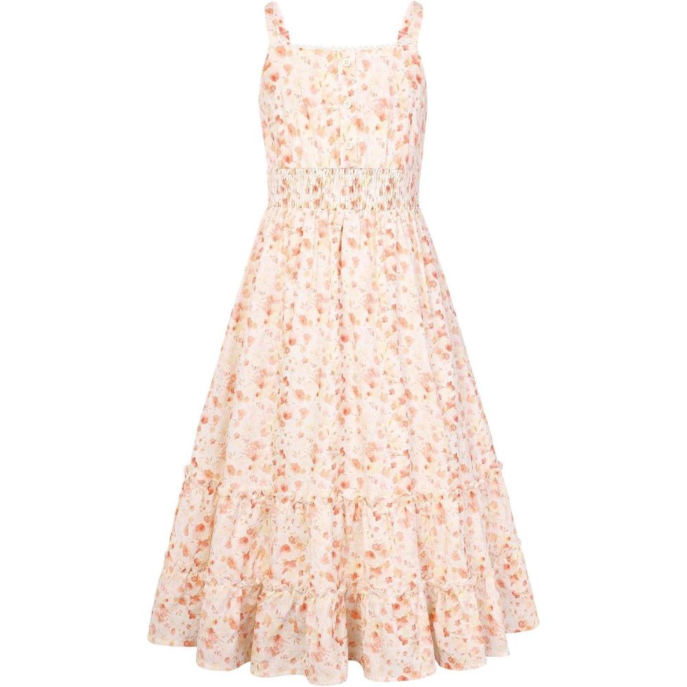 imageGRACE KARIN Girls Summer Floral Dress Kids Long Spring Easter Dresses Teens Button Front Straps Flower Hawaiian Sundress 714Orange Floral