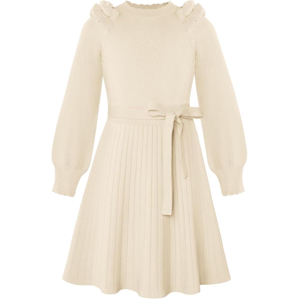 imageGRACE KARIN Girls Sweater Dress Fall Winter Knit Long Sleeve Ribbed Ruffle Waist Tie Size 512 CreamCream