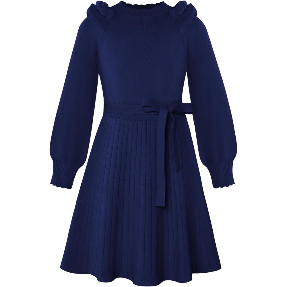 imageGRACE KARIN Girls Sweater Dress Fall Winter Knit Long Sleeve Ribbed Ruffle Waist Tie Size 512 CreamNavy Blue