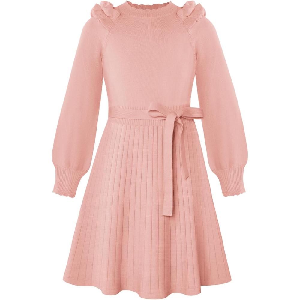 imageGRACE KARIN Girls Sweater Dress Fall Winter Knit Long Sleeve Ribbed Ruffle Waist Tie Size 512 CreamPink