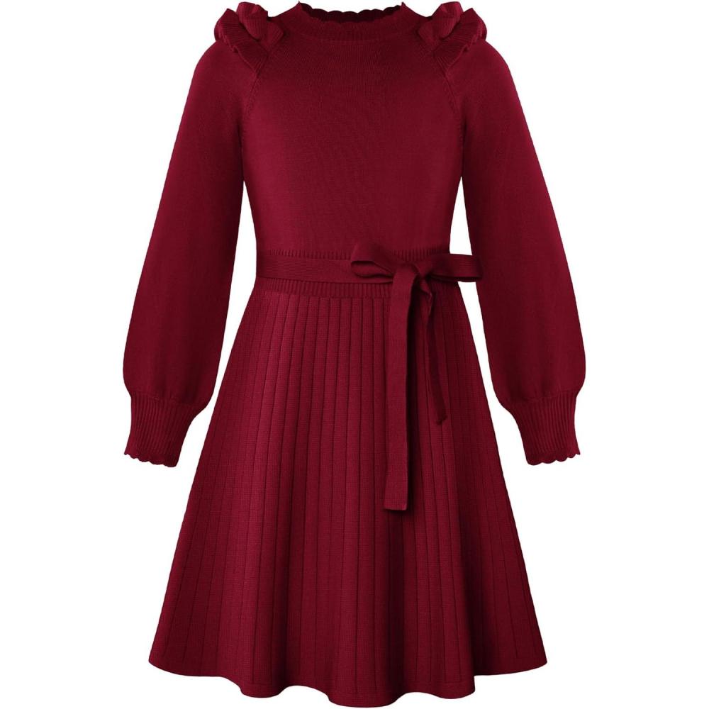 imageGRACE KARIN Girls Sweater Dress Fall Winter Knit Long Sleeve Ribbed Ruffle Waist Tie Size 512 CreamWine Red