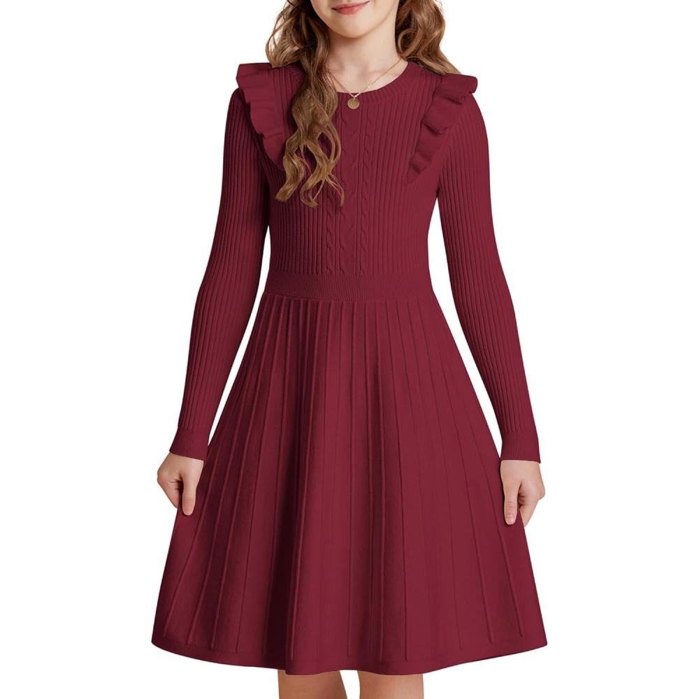imageGRACE KARIN Girls Sweater Dress Fall Winter Long Sleeve Cable Knit Pullover Dresses for Girls 512YBurgundy