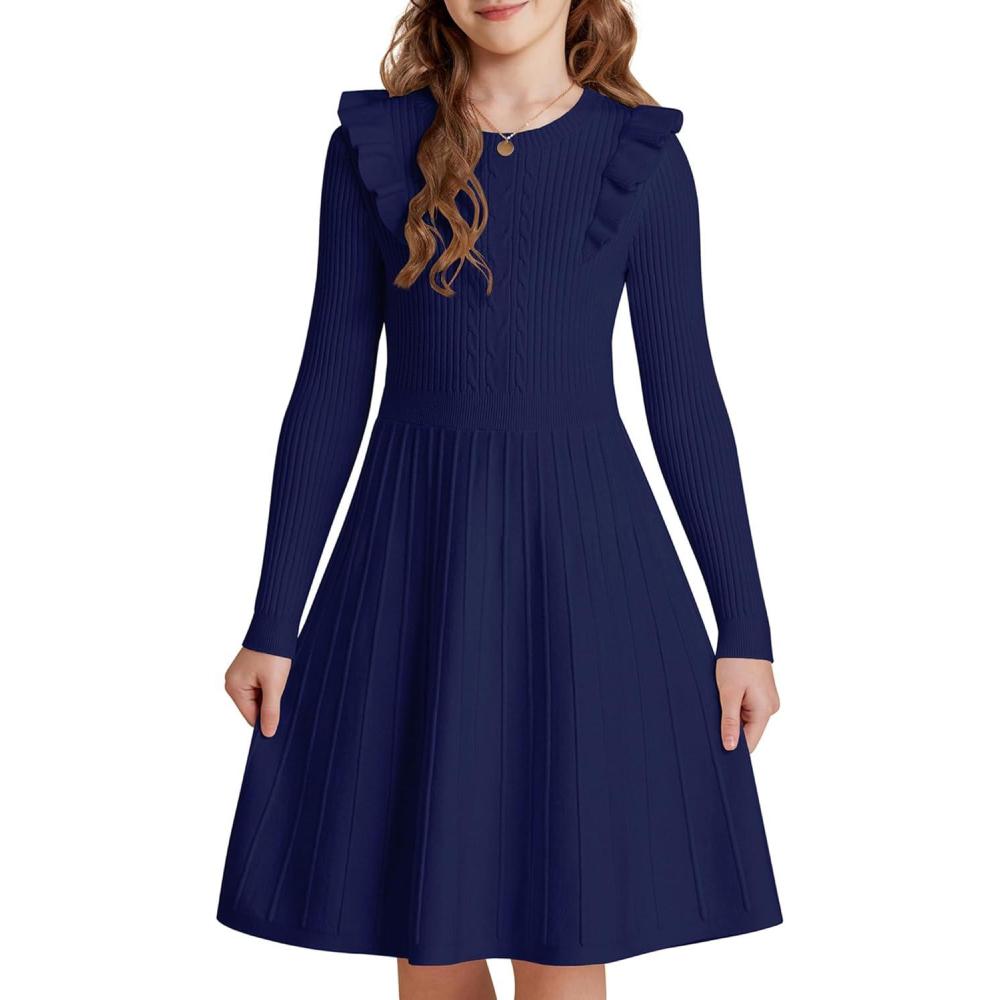 imageGRACE KARIN Girls Sweater Dress Fall Winter Long Sleeve Cable Knit Pullover Dresses for Girls 512YNavy Blue