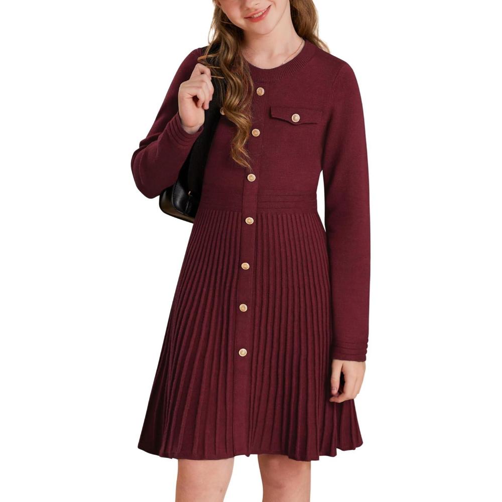 imageGRACE KARIN Girls Sweater Fall Dress Long Sleeve Knit Button Front Pleated ALine Casual Winter Midi Dresses 514YBurgundy