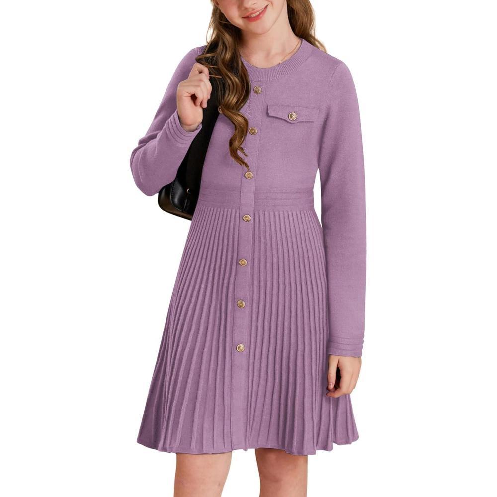 imageGRACE KARIN Girls Sweater Fall Dress Long Sleeve Knit Button Front Pleated ALine Casual Winter Midi Dresses 514YPurple