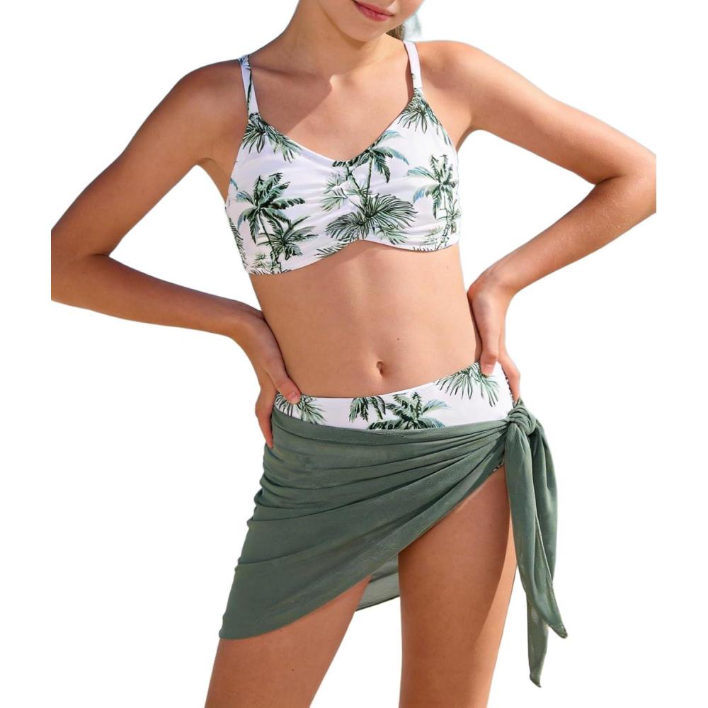 imageGRACE KARIN Girls Swimsuit Bikini Bathing Suit for Teens Ruched Tankini Beach Hawaii Swimwear with Cover Up Skirt 816YGreen Coconut Trees
