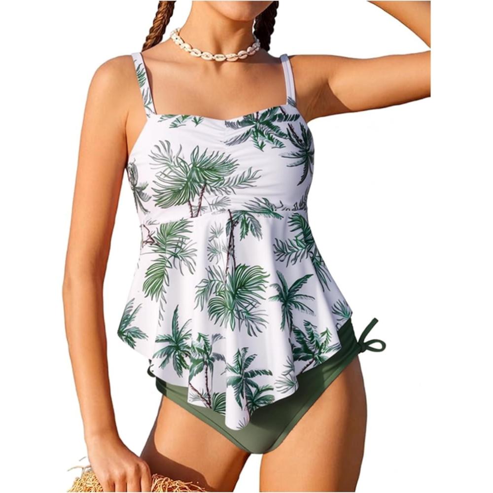 imageGRACE KARIN Girls Tankini Swimsuit Swimwear Teen Cute Ruffle Bathing Suit Kids 2 Piece Shirred Bikini Set with Padded 816Army Greencoconut Tree